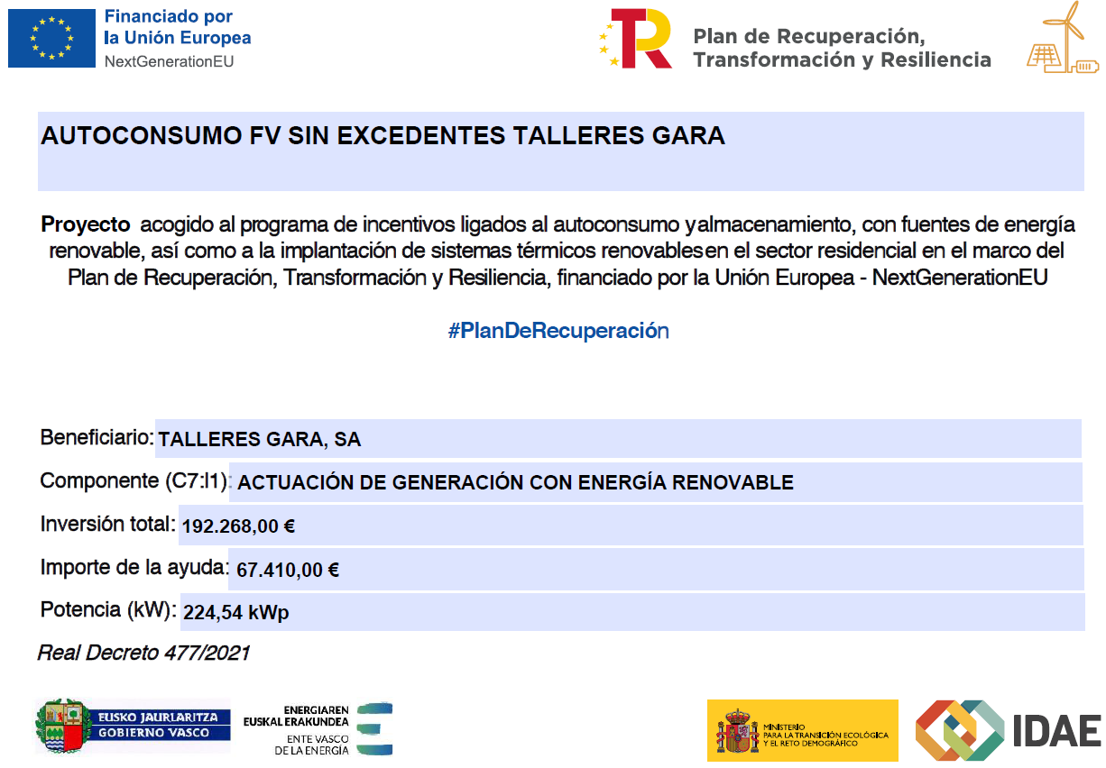 PlanDeRecuperacion - Autoconsumo FV sin excedentes Talleres Gara